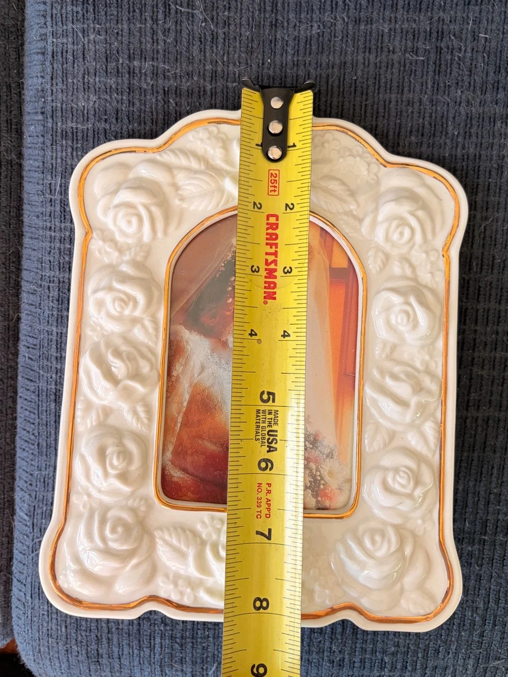 Cream Ceramic Rose Picture Frame with Gold Trim Vintage Piece